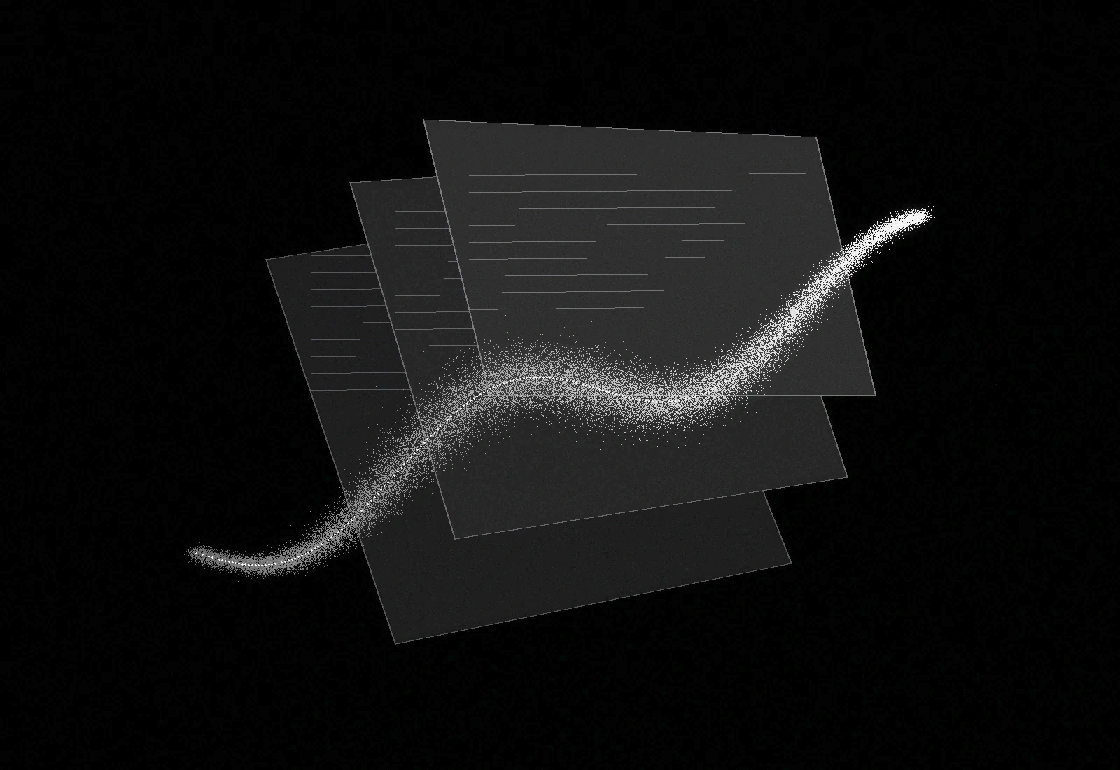Three dimensional research records connected by an arc of luminous particles